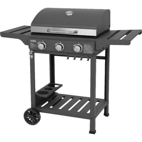 Barbacoa de Gas Portátil Kekai Leech – 118,5x57,5x104,5 cm, 9 kW con 3 Quemadores, Termómetro, Mesas Laterales, Balda y Ruedas