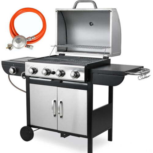 Barbacoa a Gas 4+1 Quemadores con Quemador Lateral y Termómetro, Acero Inoxidable – Parrilla Gas de 14,05 kW para Jardines, Fiestas y Acampadas